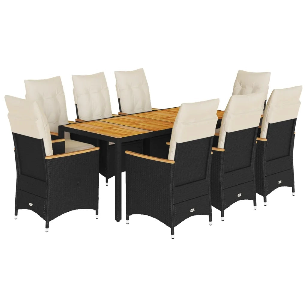 Set da Pranzo da Giardino 9 pz con Cuscini Nero in Polyrattan 3276838