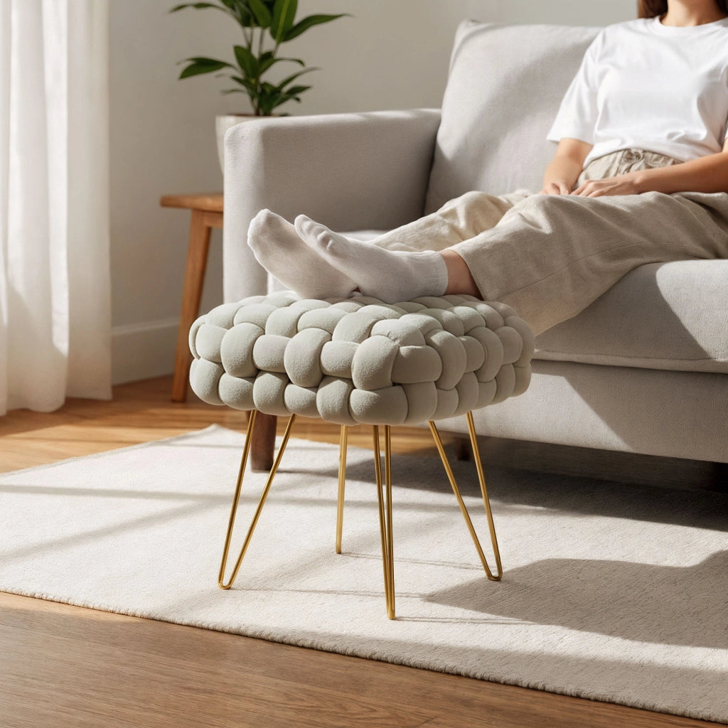 Pouf sgabello in velluto intrecciato 38 cm DOTTY Beige Polvere