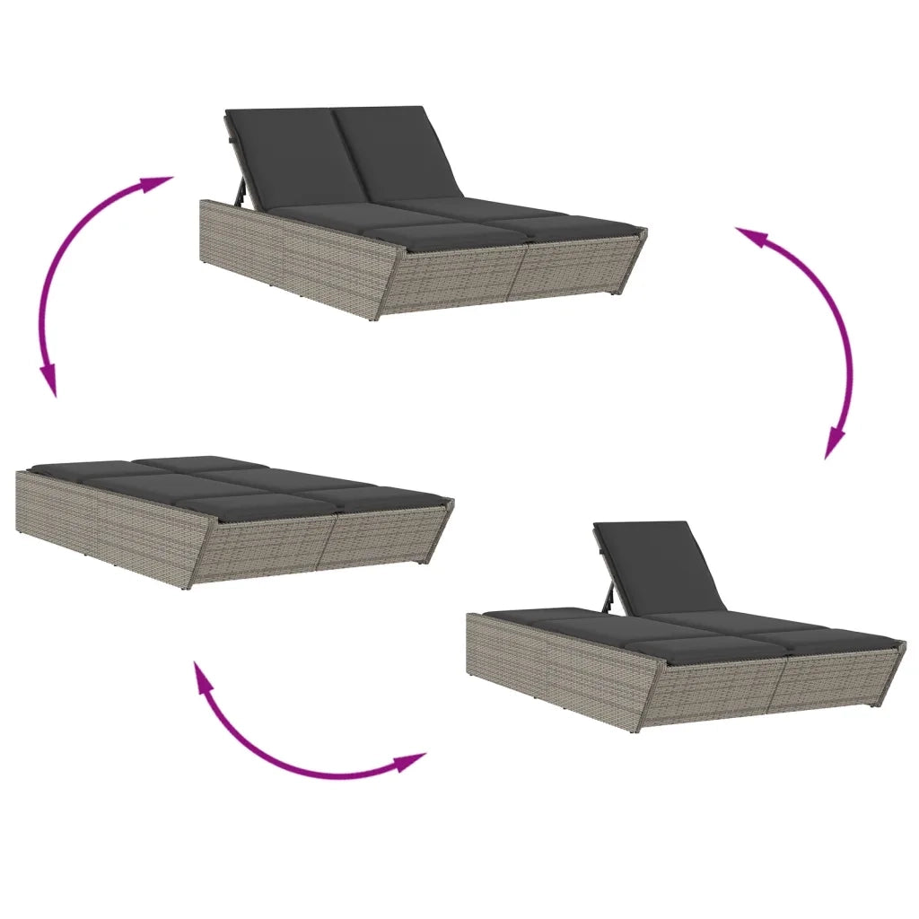Lettino Prendisole | Sdraio da giardino | Lettino da sole Doppio con Cuscini Grigio in Polyrattan
