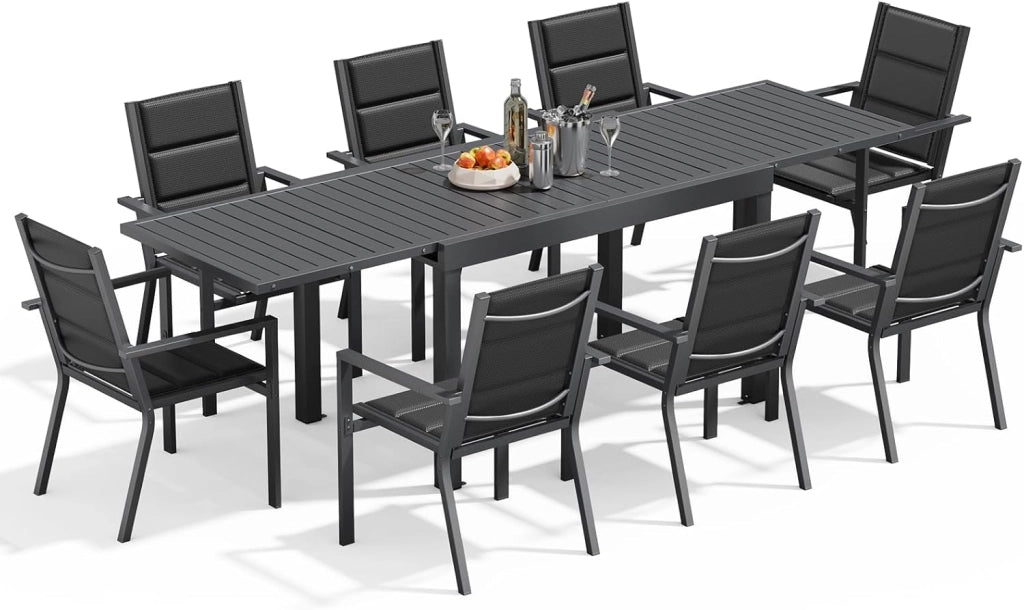 6 Persone Set Tavolo e Sedie Da Giardino In Alluminio, 6 Sedie Impilabili e 1 80-160CM Tavolo Da Giardino Allungabile In Alluminio, Set Da Giardino Esterno, Marrone