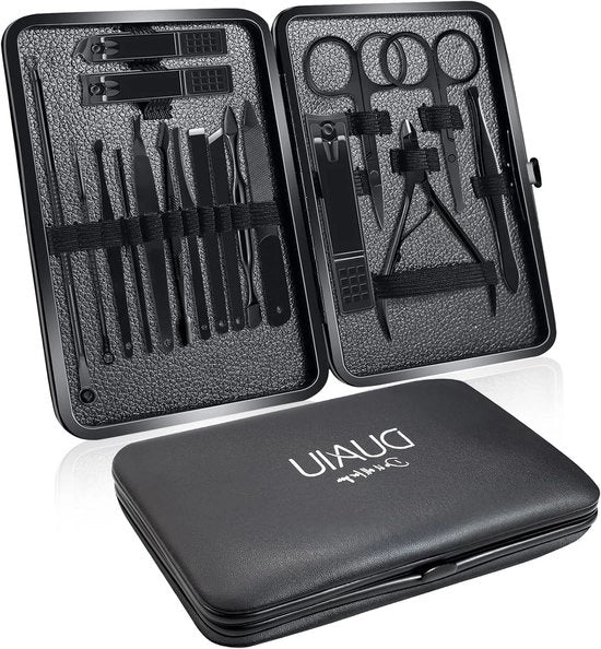Set di manicure professionale 18 pezzi con forbici per unghie in acciaio inossidabile nero e custodia in pelle - Ideale come regalo da viaggio per uomini/donne