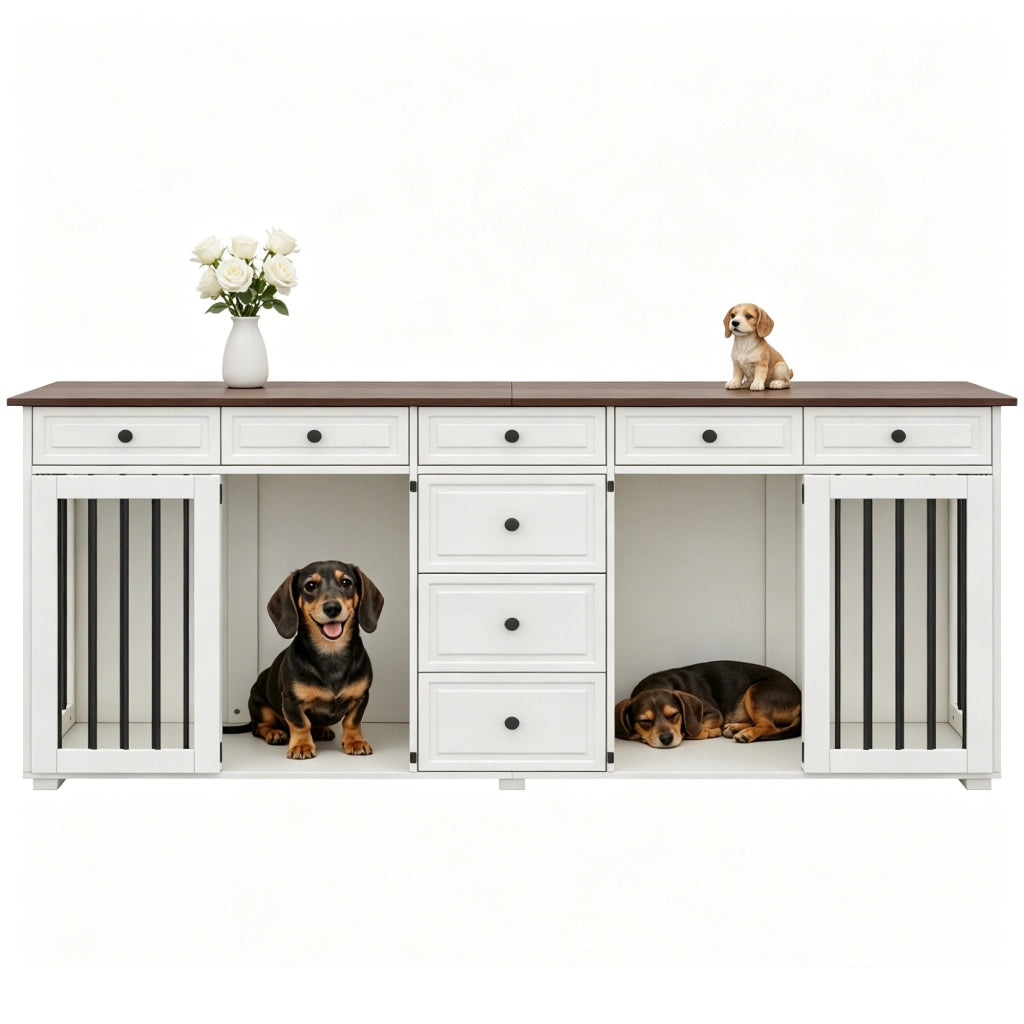 Mobile Gabbia per 2 Cani 200×60×85 cm con 8 Cassetti; Struttura MDF e Metallo; Bianco e Noce