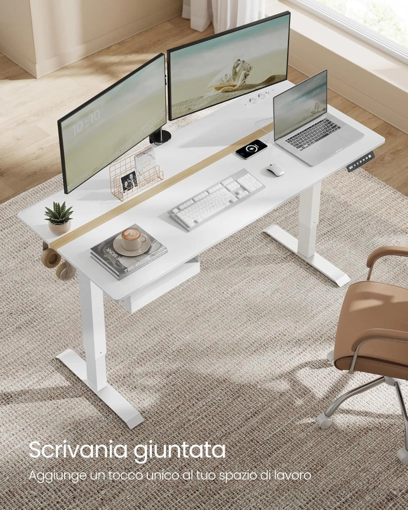 VASAGLE Scrivania Elettrica Regolabile in Altezza, Piano del Tavolo 70 x 160 cm, Regolabile in Continuo, Funzione di Memoria con 4 Altezze, Bianco Nuvola e Rovere Natura LSD116W01