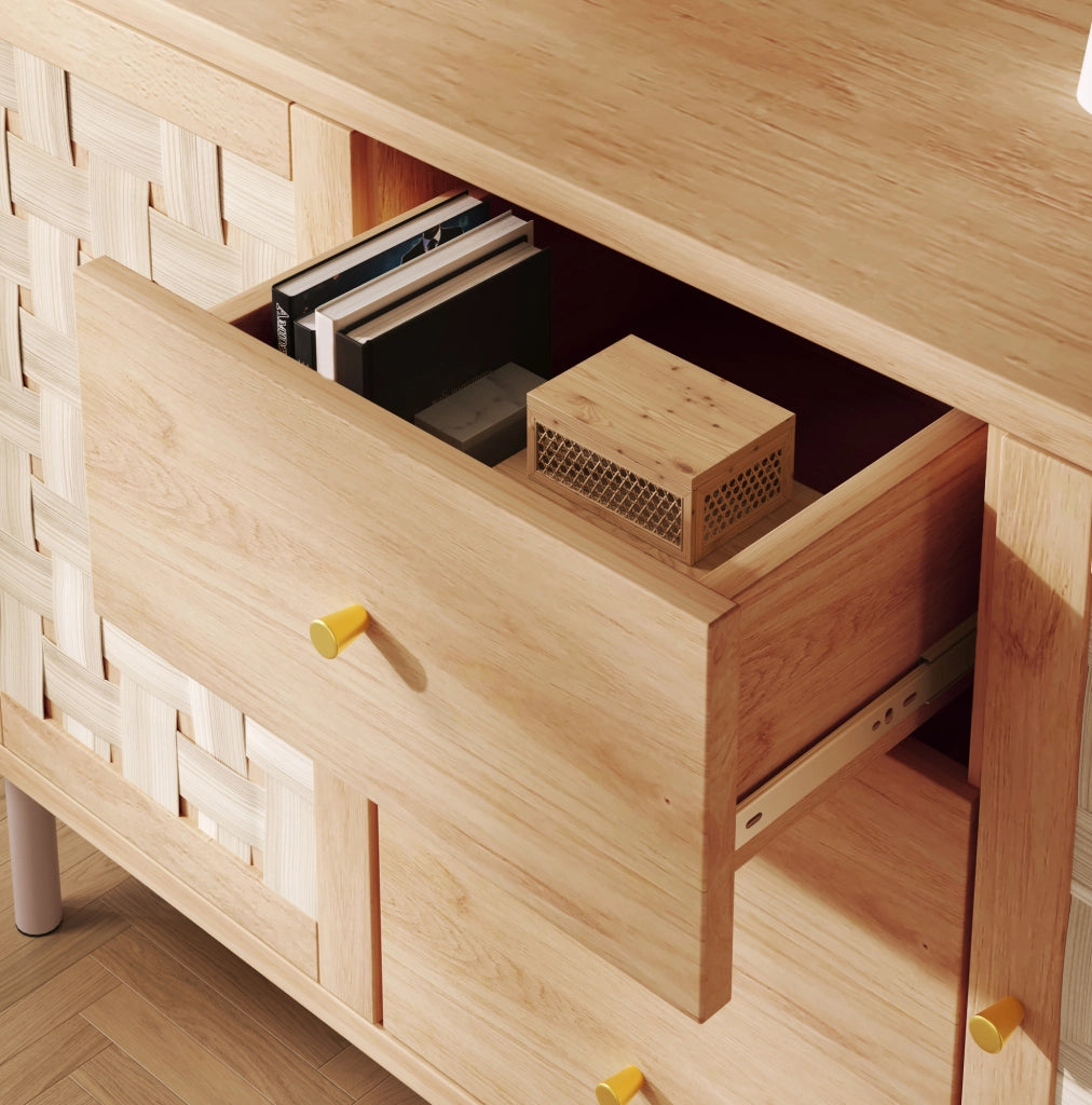 Credenza 120x40x75 cm con 2 ante; 3 cassetti e ripiani regolabili in legno naturale