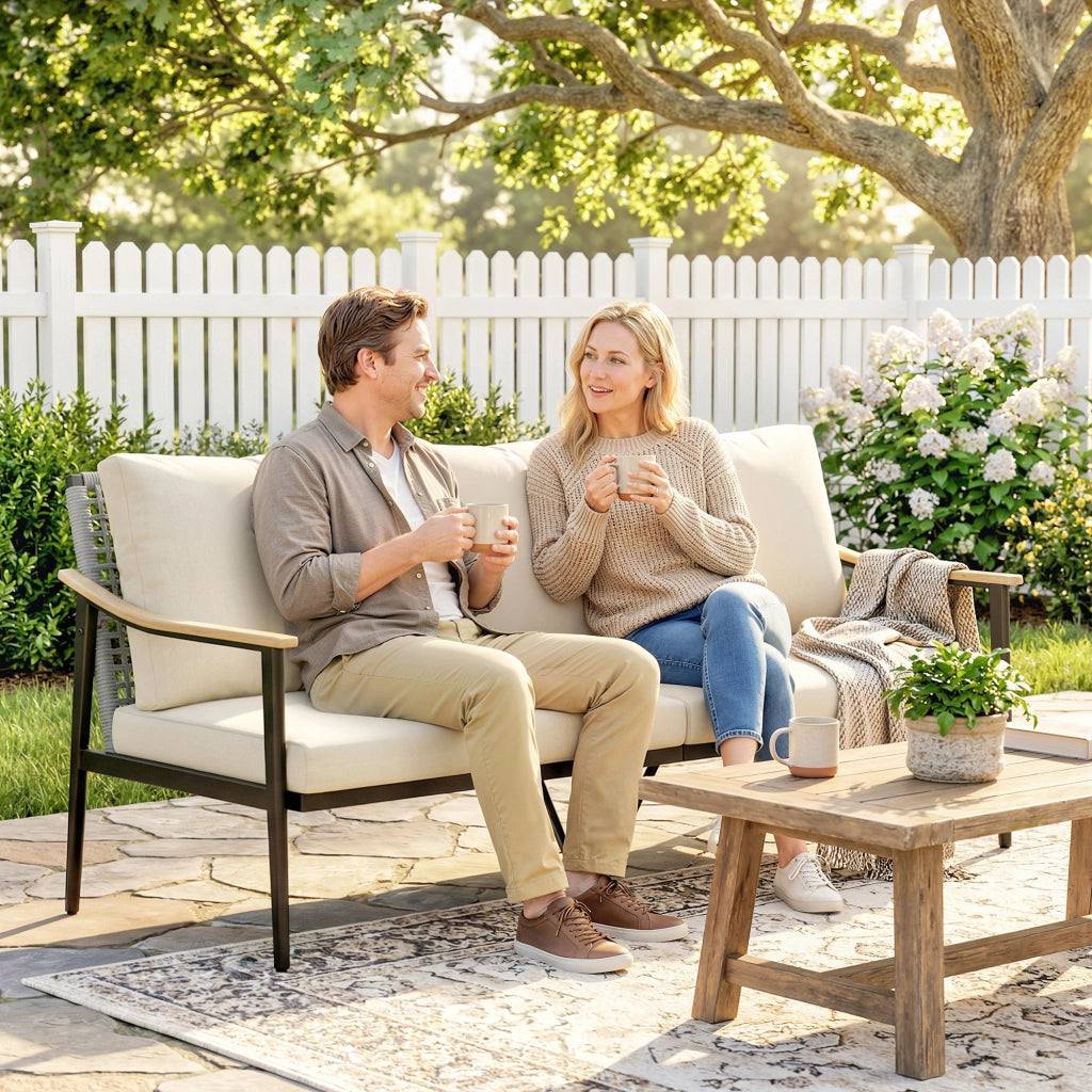 Divano da Esterno a 3 Posti 176x75x78 cm con Braccioli Effetto Legno e Schienale in Rattan Cachi