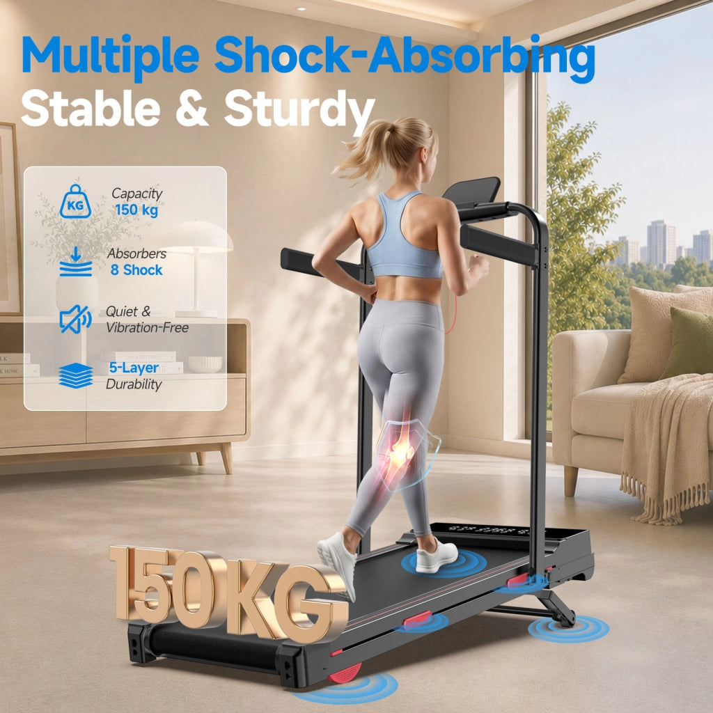 Tapis Roulant Pieghevole 2 in 1 con Corrimano e Pendenza Automatica 15%, Silenzioso  2,5CV, 1-10km/h, 150kg, Display LED, Telecomando e APP