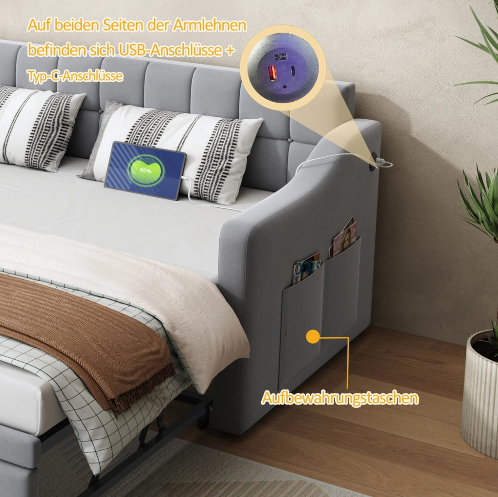 Divano letto estraibile 90x190 cm in velluto grigio chiaro USB