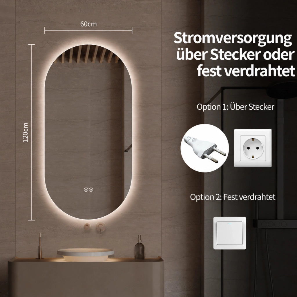 SPECCHIO BAGNO LED ROTONDO 60x120 cm ARGENTO IN VETRO E METALLO ANTI-APPANNAMENTO