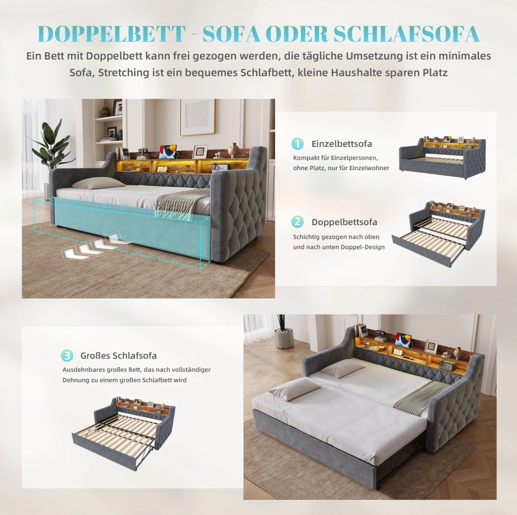 Divano letto estraibile 90x190 cm in velluto grigio scuro