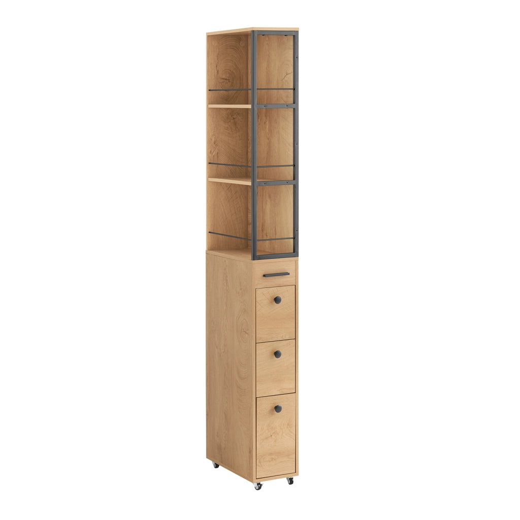 SoBuy Carrello Salvaspazio con Cassetti e Ruote, Mobiletto Multiuso per Cucina, Bagno e Lavanderia Naturale 20x40x170 cm NSR13-N