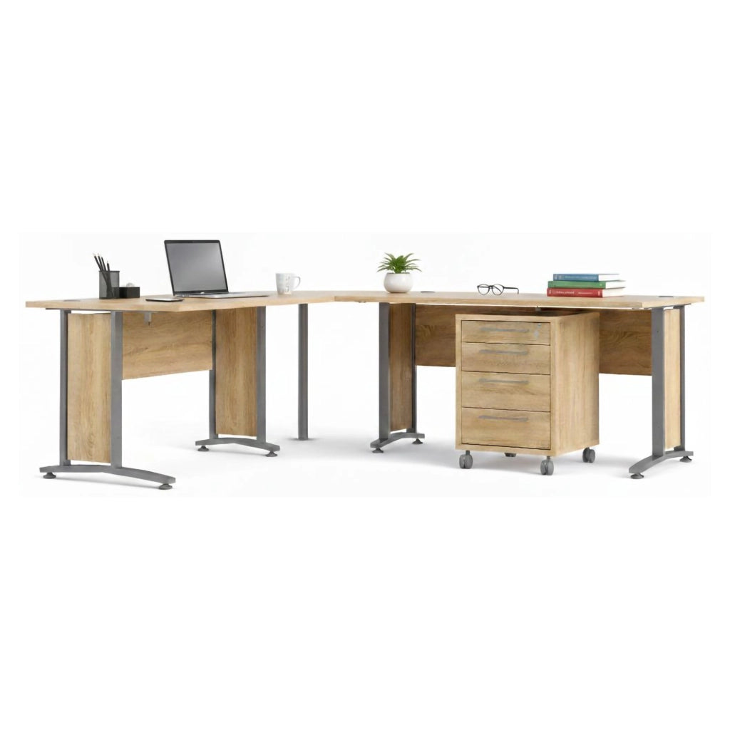 Scrivania Megh, Scrittoio multiuso, Tavolo per ufficio porta PC, Piano di lavoro, 230x200 h75 cm, Grigio e Quercia
