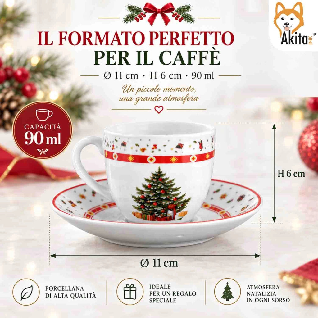 Akitaink 6 Tazzine da Caffe' Christmas Tree con Piattino 90 ml