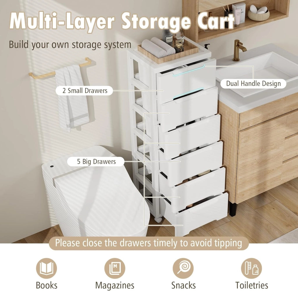 Armadietto per nicchia con ruote, scaffale per nicchia con 7 cassetti, carrello stretto con serratura a rotelle, carrello da bagno con piccolo armadio a cassetti 40 x 32 x 114 cm, bianco