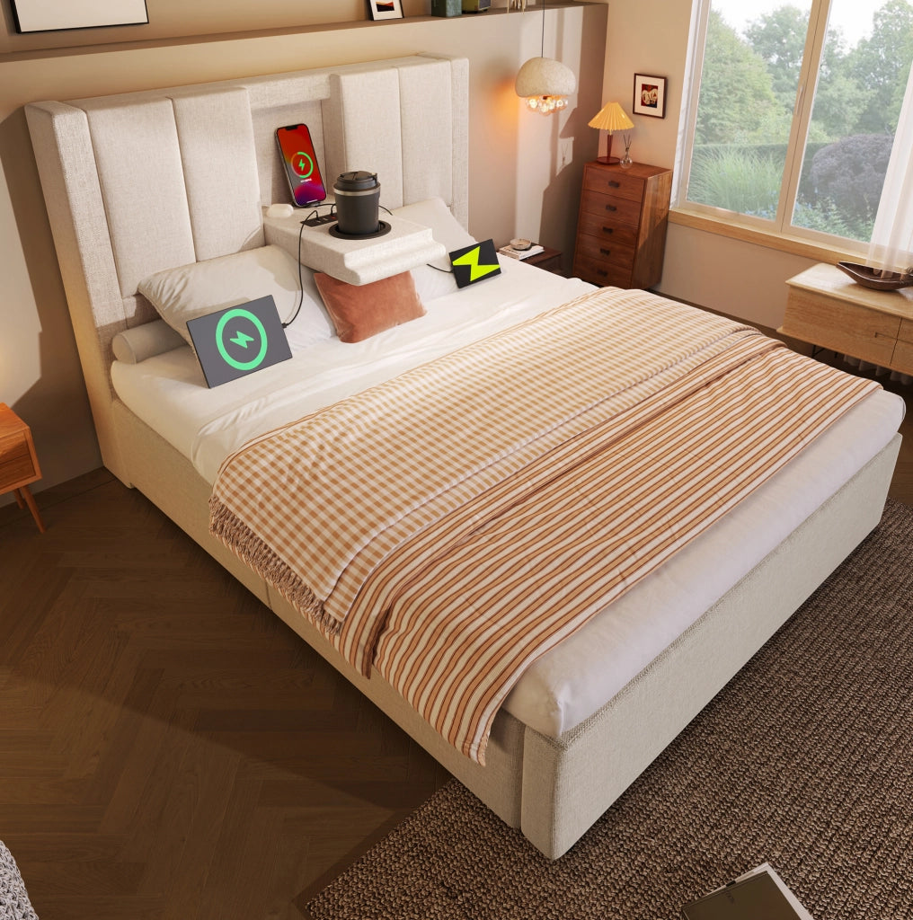 Letto imbottito 90x200 cm con porta bicchiere nascosto e stazione di ricarica