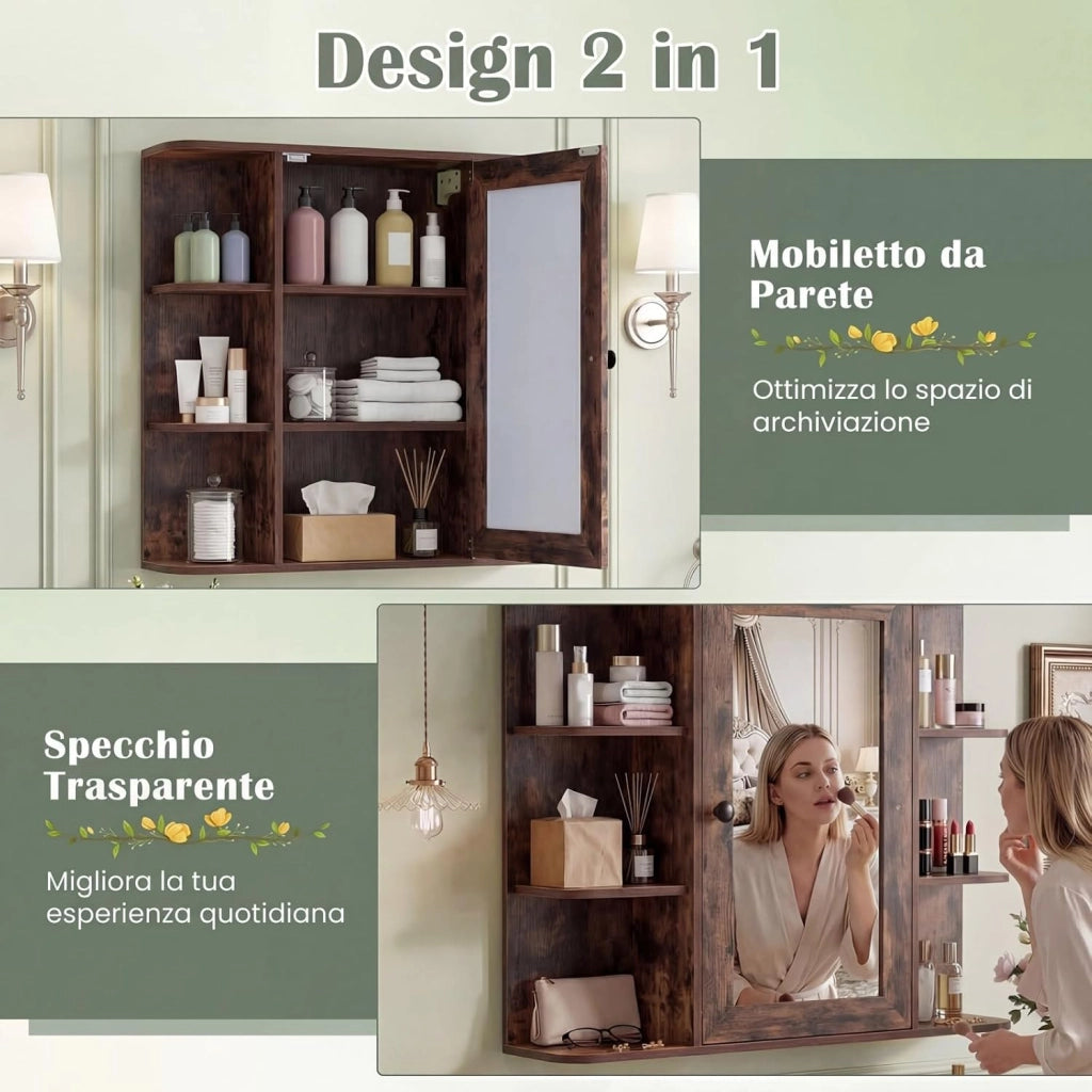 Mobile Bagno da Parete, Armadietto Pensile in Legno con 1 Anta, 6 Scomparti Aperti e 3 Ripiani, Mobiletto da Bagno Salvaspazio per Soggiorno e Camera da Letto, 66 x 16,5 x 63 cm (Marrone)