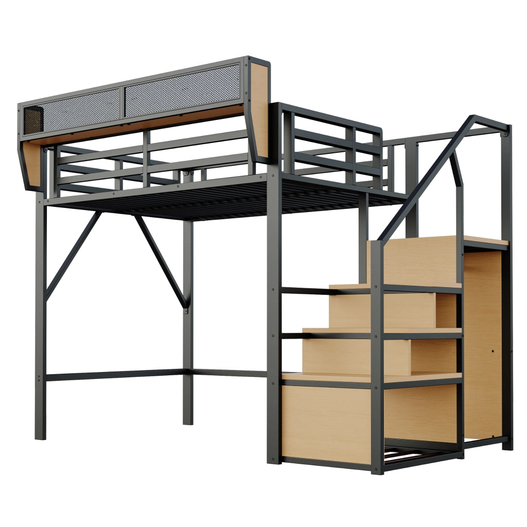 OKWISH Letto a Soppalco 140×200 cm, Letto Matrimoniale con Scala di Sicurezza, Mensola Regolabile e Spazio Libero 140 cm, senza Materasso, Nero