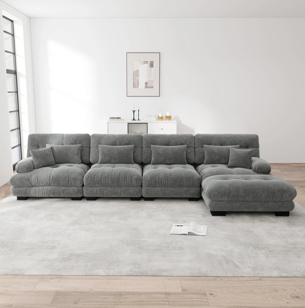 Divano modulare 4 posti con ottomane mobili 406x145x81 cm in ciniglia grigia
