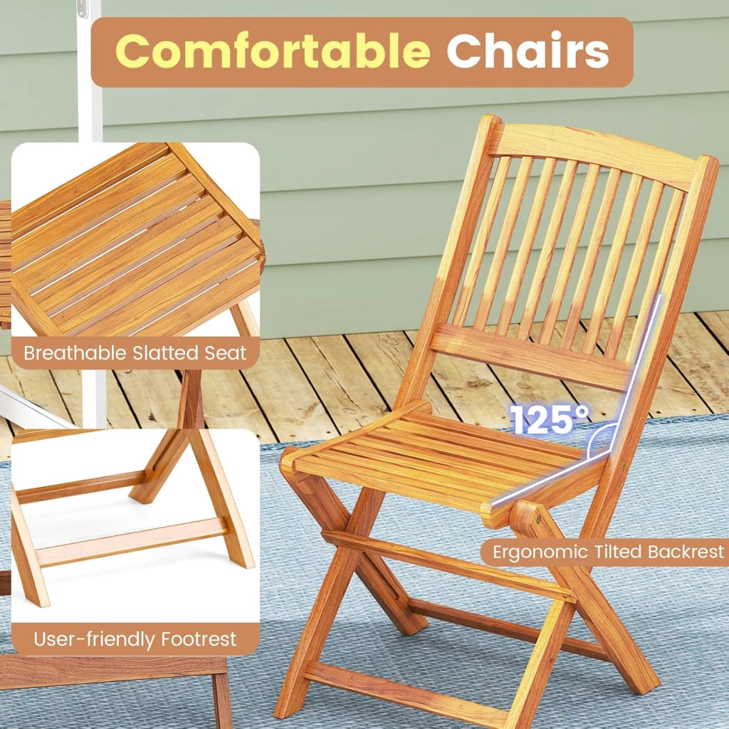Set da Giardino 2 Posti in Legno di Acacia, Tavolo da Giardino Esterno con Sedia Pieghevole, 2 Cuscini Rimovibili, per Terrazza, Balcone, Bistrot (Grigio + Naturale)