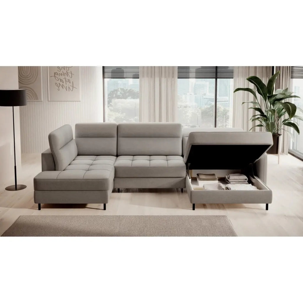 Divano angolare convertibile BERTHO 306 cm grigio chiaro - Angolo destro con contenitore