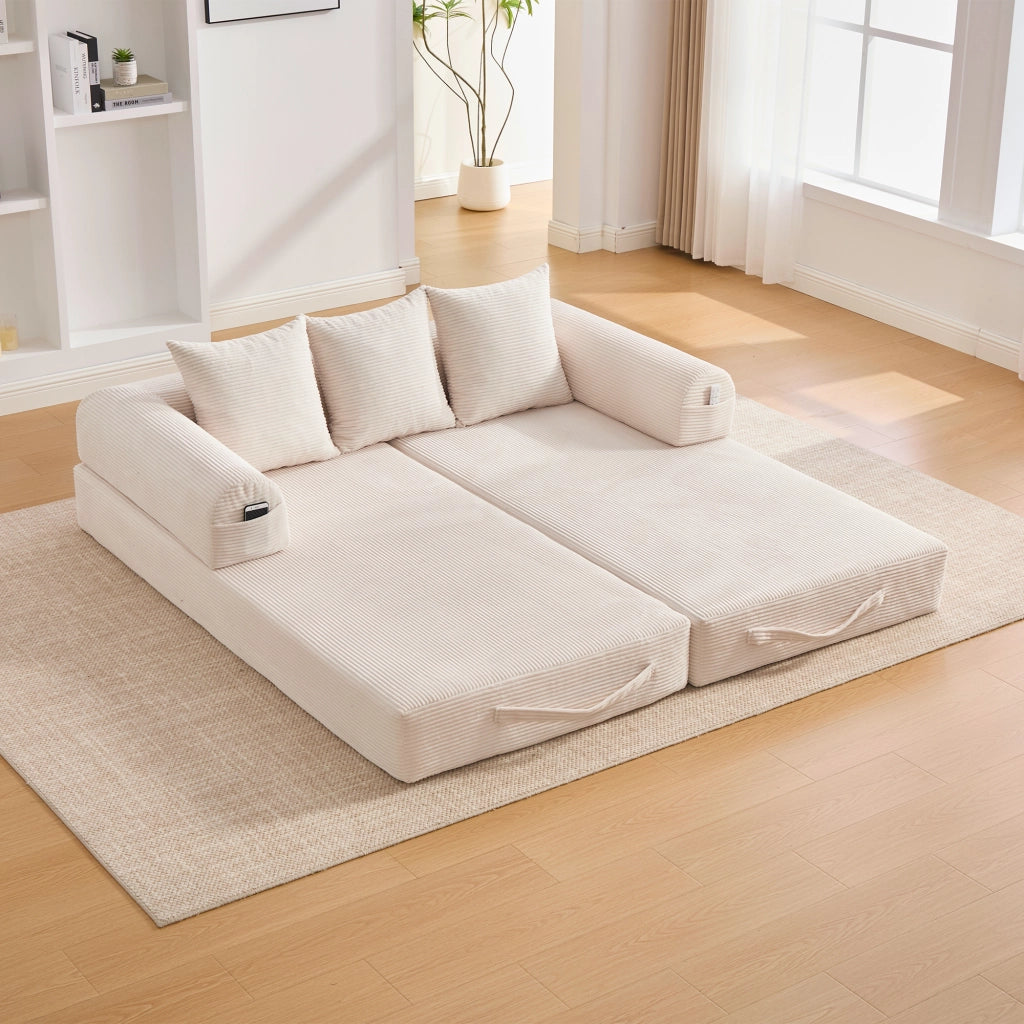 Divano modulare con tasca laterale e 3 cuscini struttura in metallo e velluto a coste per soggiorno beige