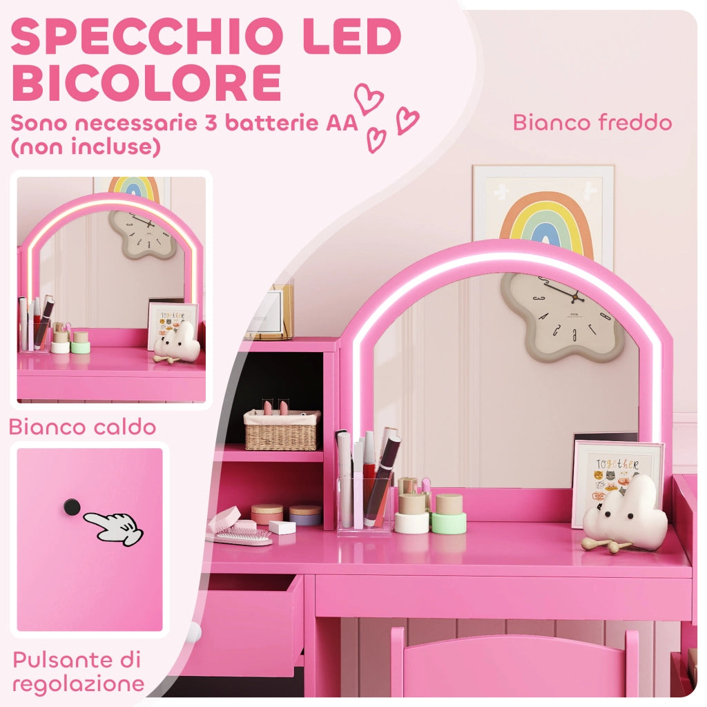 Set Toeletta Trucco per Bambini 2 in 1 con Specchio. Sedia. Luce LED. Armadietto. Scaffali e Libreria. Rosa