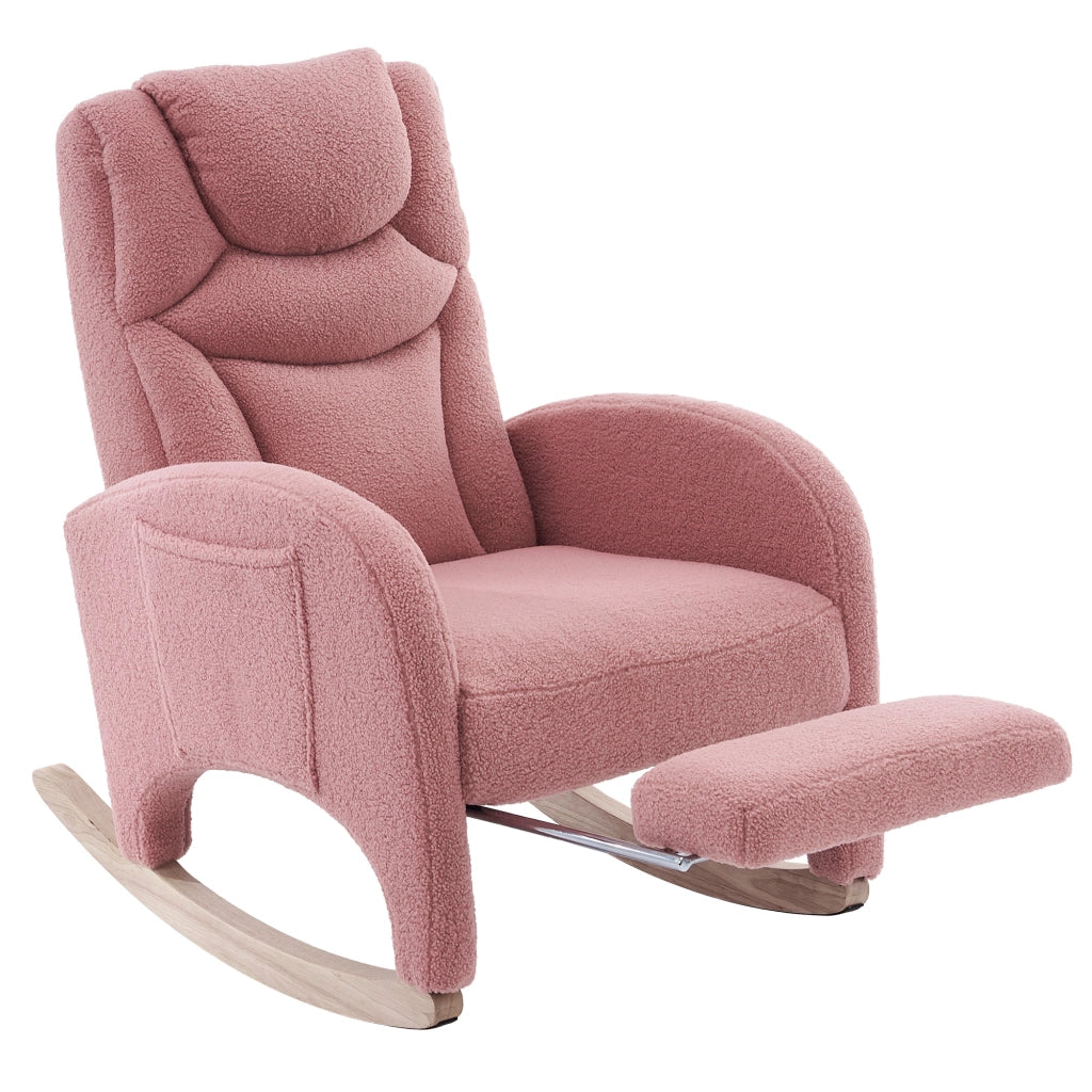 Poltrona a dondolo relax con poggiapiedi pieghevole e schienale ergonomico in tessuto teddy rosa per salotto