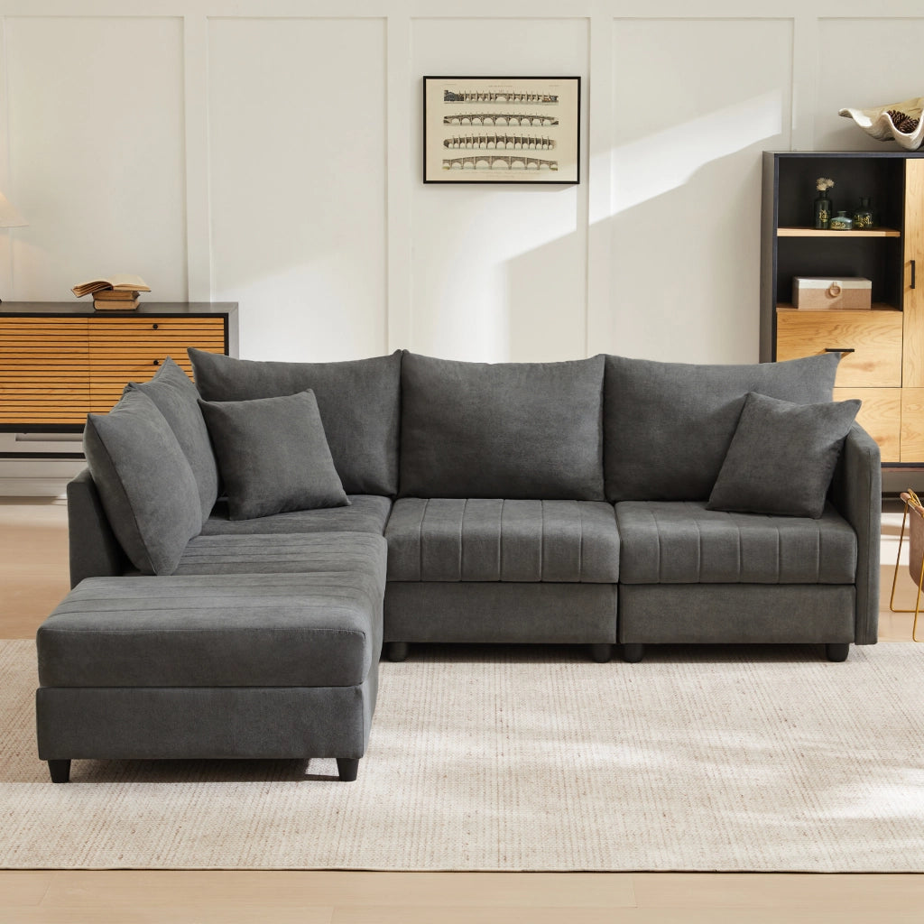 Divano angolare modulare 5 posti con pouf mobile e seduta ampia con cuscini per soggiorno in cotone e lino grigio