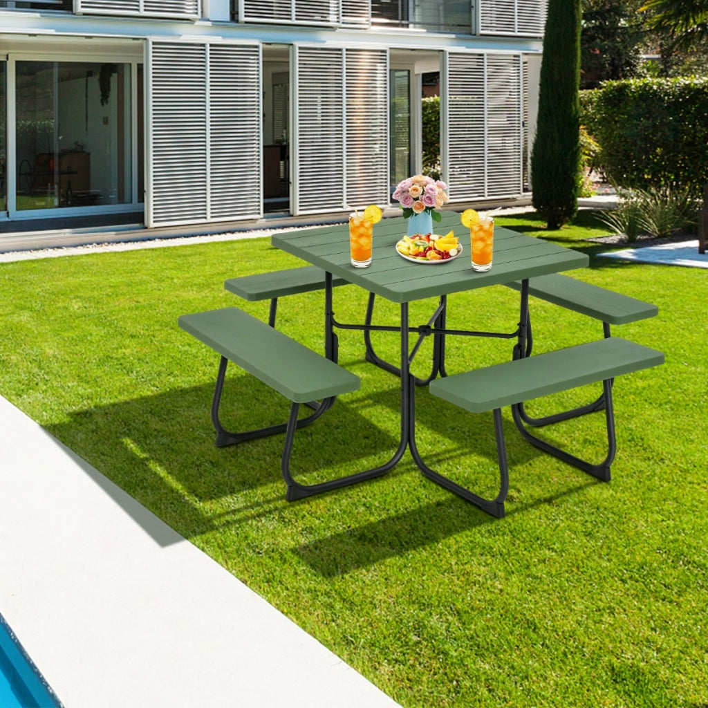 Set tavolo da picnic quadrato per 8 persone, Tavolo per esterni con foro per ombrellone capacit¨¤ di 225kg Verde-Tavoli e sedie da campeggio