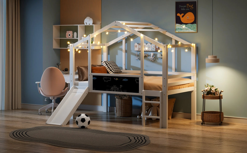 Letto a castello bianco in legno massello con scivolo e scala di sicurezza 90x200 cm