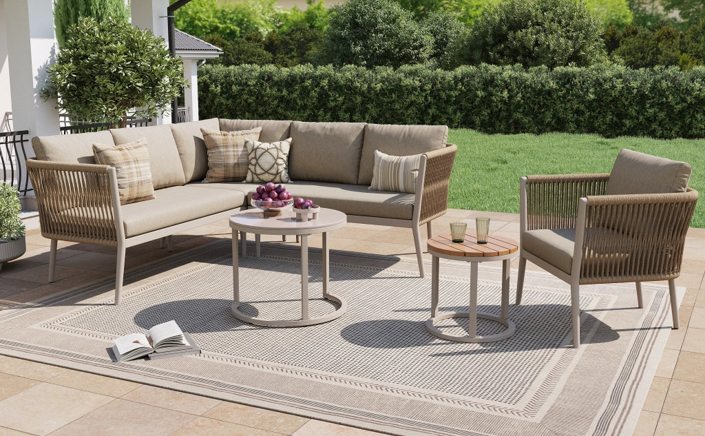 Set salotto giardino 5-6 persone 6 pezzi: corda sedute + Divanooo angolare modulare; cuscini; terrazzo/balcone; beige