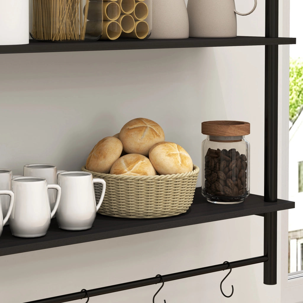 Scaffale a Parete 2 Livelli con Ganchi ¨C Zephmum ¨C 80x24x65 cm Nero