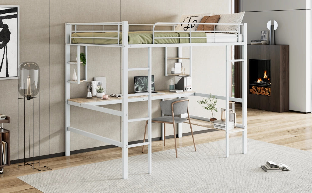 DESMIU Letto a soppalco 2 posti con scrivania, 4 ripiani e libreria 140 × 200 cm, senza materasso, metallo bianco