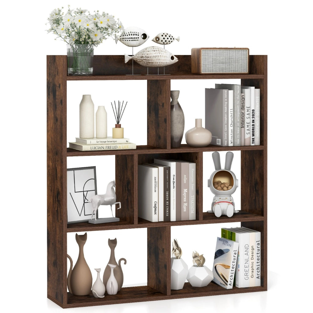 Libreria a cubi aperti con 7 scomparti, Mensola espositiva per l'archiviazione in legno per studio soggiorno Marrone