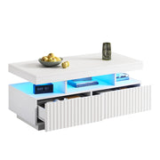 Tavolino da caffè con 2 cassetti; vano aperto e striscia LED - per soggiorno - 100×50×45 cm - in truciolare - bianco