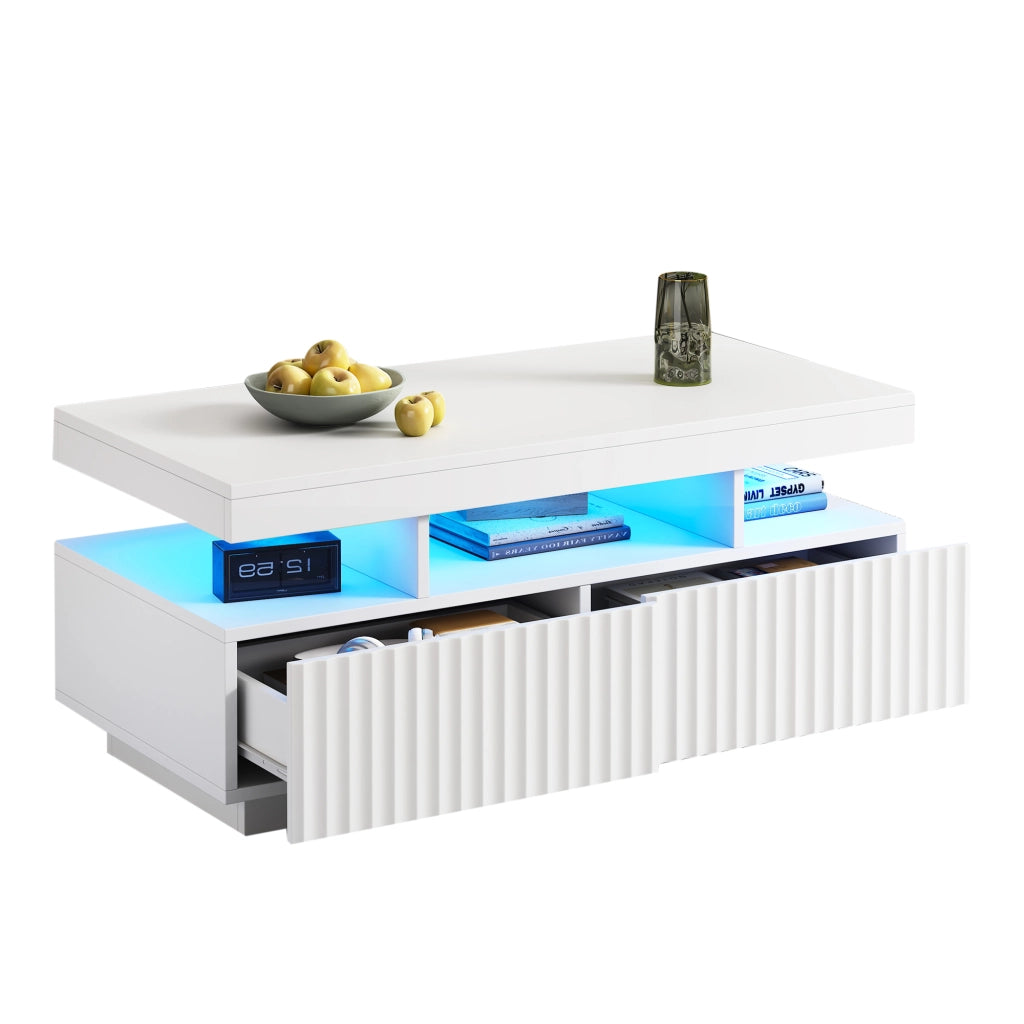 Tavolino da caffè con 2 cassetti; vano aperto e striscia LED - per soggiorno - 100×50×45 cm - in truciolare - bianco