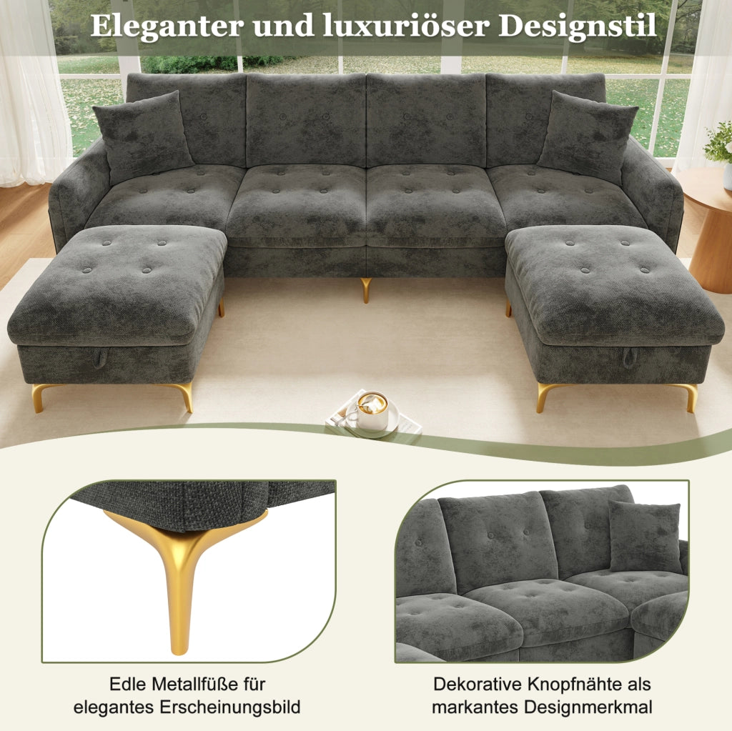 Divano modulare in ciniglia con 2 pouf contenitore; 263×137×85 cm; grigio