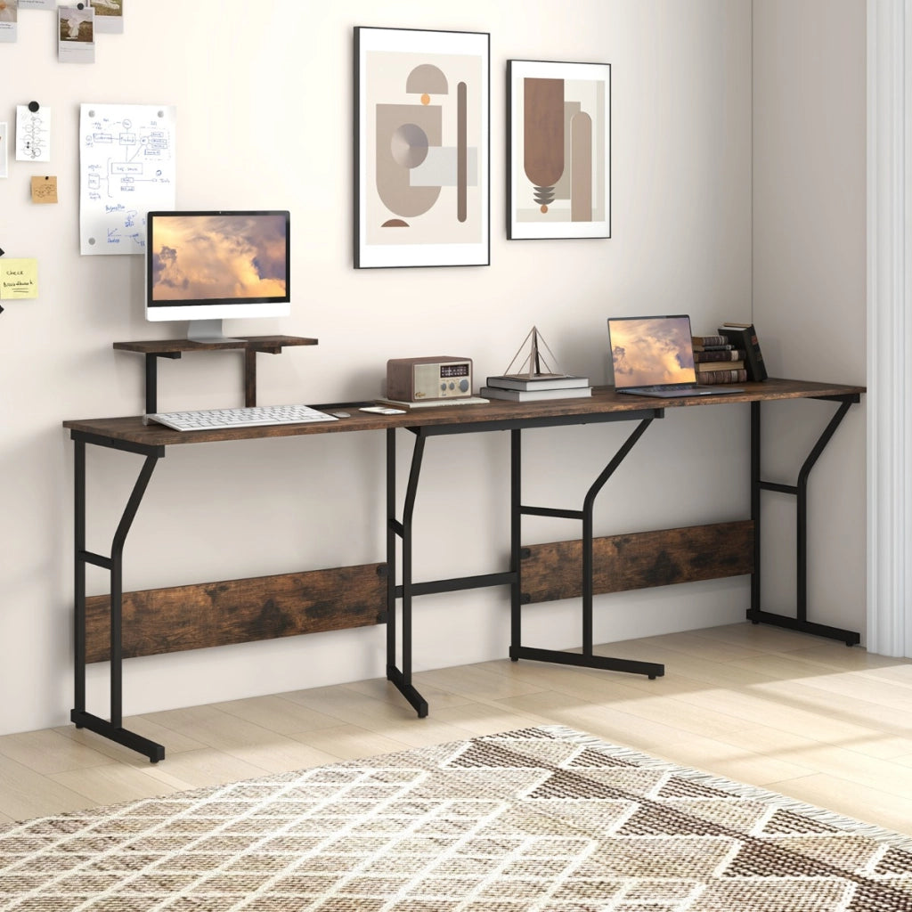 Scrivania ad angolo a forma di L con presa elettrica, Scrivania per computer con supporto monitor movibile da 225cm Marrone Rustico-Scrivanie