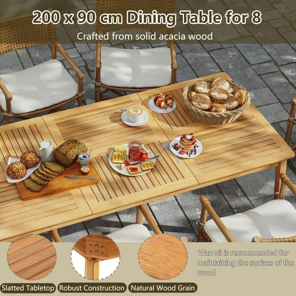Tavolo da pranzo per 8 persone, tavolo da giardino in legno di acacia con foro di 5 cm, per cortile, veranda e giardino, resistente alle intemperie (200 x 90 cm)