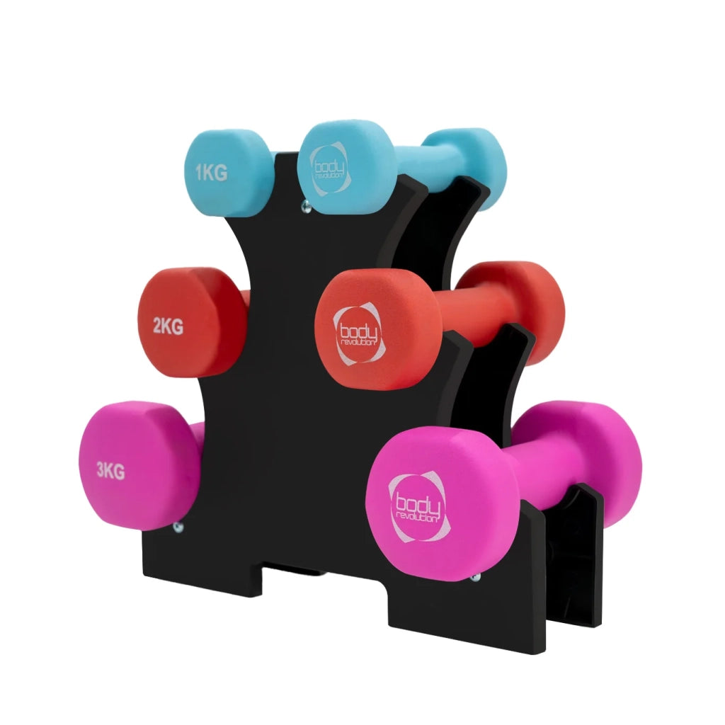 Body Revolution Set 6 Manubri Neoprene 12kg 1kg 2kg 3kg con Supporto