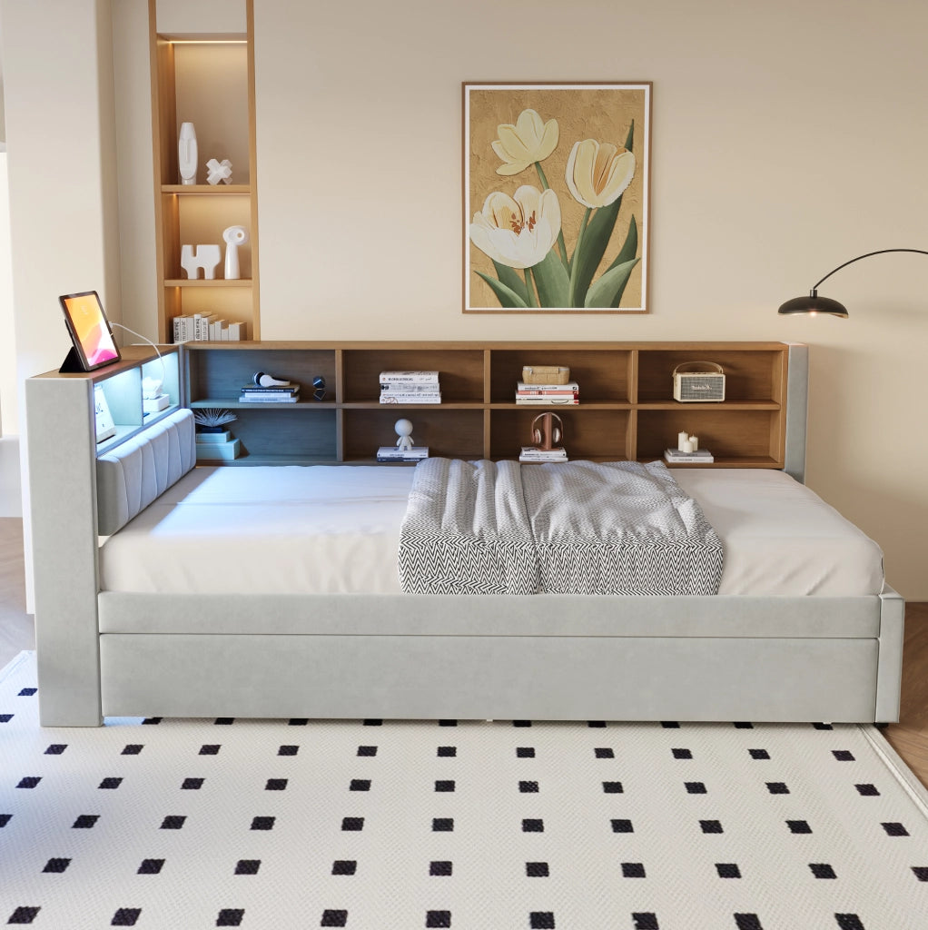 Divano letto 90x200 cm con letto estraibile; LED e porte di ricarica in flanella grigio chiaro