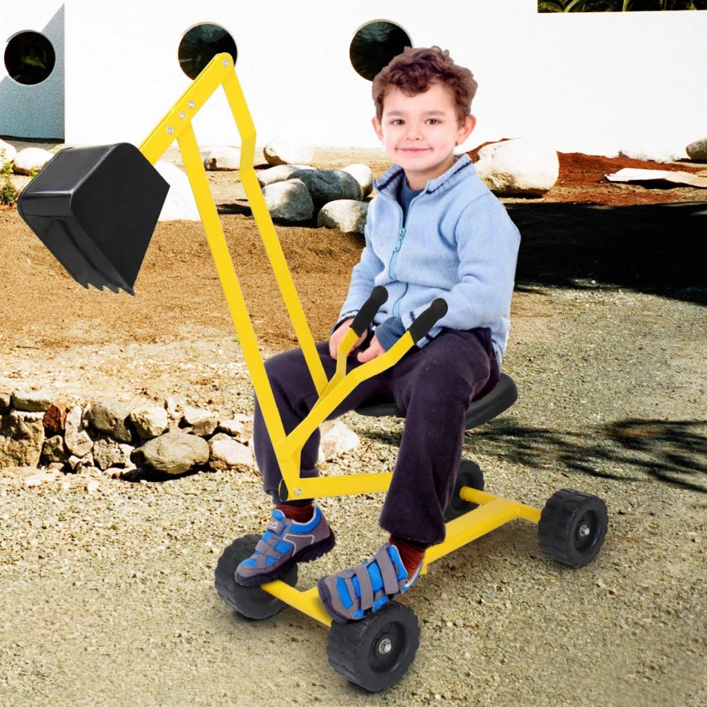 Ruspa Giocattolo Cavalcabile per Bambini, Escavatore di Sabbia Metallico per Bambini con Ruote, Rotazione di 360°, Carico 50 kg, 56x35x81 cm, Giallo (Stile 2)