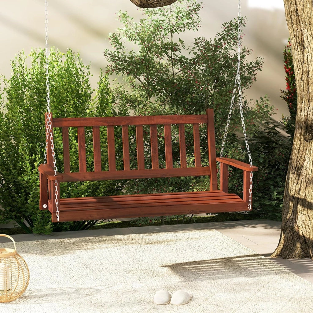 Panca sospesa in legno di pioppo, 2-3 posti, con catene in metallo regolabili, sedia sospesa con schienale in doghe, altalena Hollywood per giardino (marrone, 136 x 67 x 63 cm)