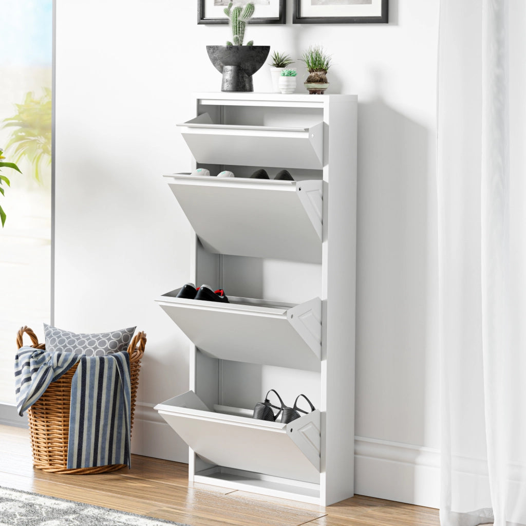 Scarpiera Sokndal con 3+1 Contenitori Ribaltabili Portascarpe in Metallo - Bianco [en.casa]