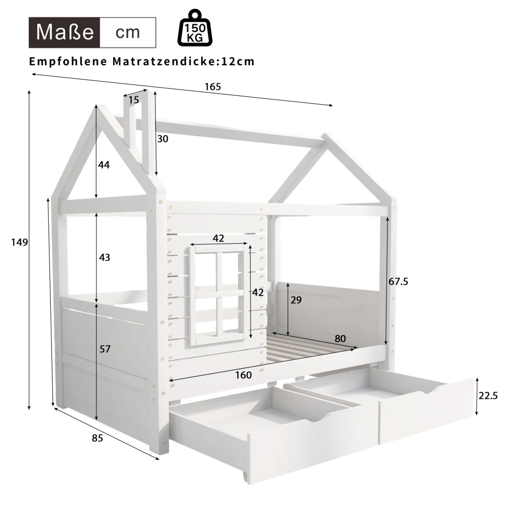 Letto per bambini in legno massello di pino bianco 80x160 cm con sponde, finestre decorative, reti a doghe e 2 cassetti contenitore