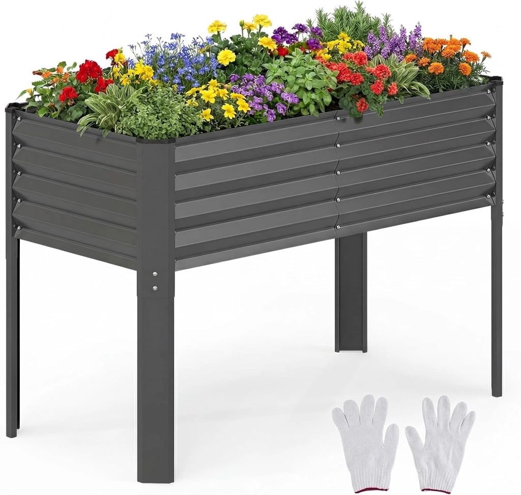 Fioriera Rialzata da Esterno, Orto Rialzato da Giardino in Metallo con Fori di Drenaggio, Altezza Ergonomica e Guanti, Letto Elevato da Giardino Rettangolare per Piante e Fiori, (Argento)