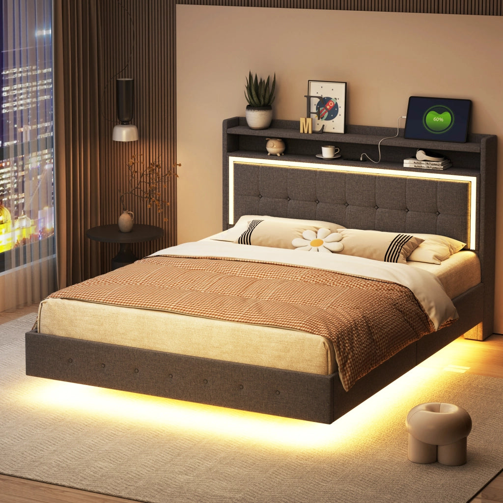 Letto imbottito matrimoniale 140×200 cm con USB; LED e rete; senza materasso; tessuto; grigio