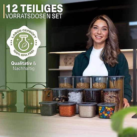 Set di 12 contenitori a chiusura ermetica, ariostatici, BPA-free, per la conservazione di muesli, farina e zucchero, contenitore di archiviazione pratica per tutti gli alimenti