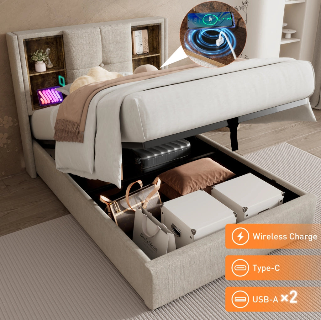 Letto singolo imbottito 90x200 cm in lino naturale con ricarica wireless; USB e contenitore
