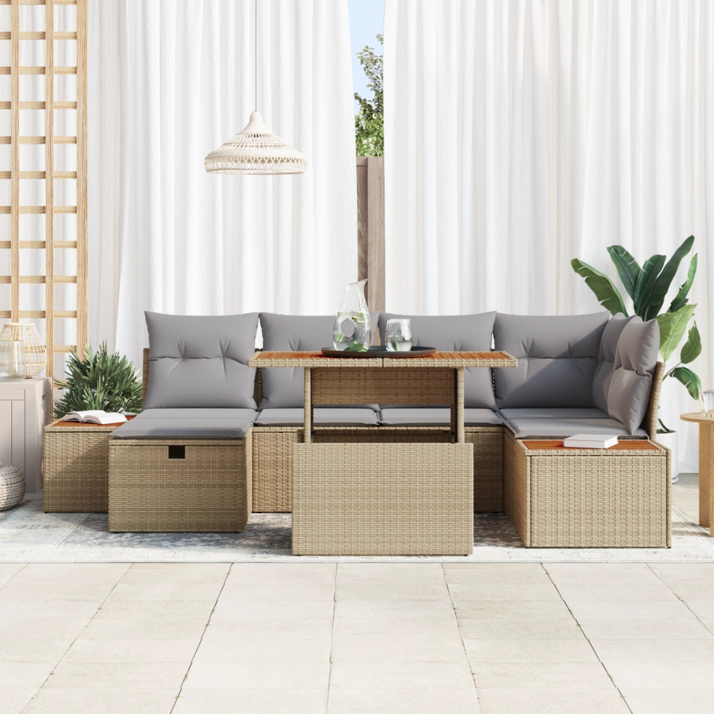 Set Divano da Giardino 7 Pezzi con Cuscini Beige in Polirattan