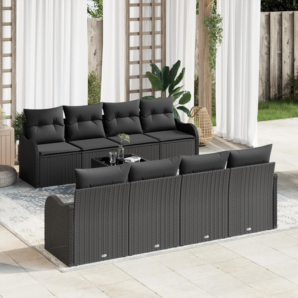 Set Divano Giardino 9 Pezzi con Cuscini Neri in Rattan Sintetico